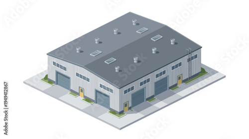 Isometric view of a modern industrial warehouse building with multiple loading bay doors and skylights