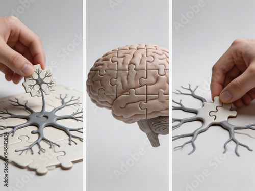 Integrating cognitive pathways through puzzle pieces representing neuron connections and brain functionality to illustrate neuroplasticity and mental processes