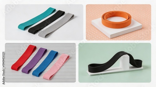 Multi colored elastic bands arranged artistically on various backgrounds demonstrating versatility in fitness and exercise applications with a minimalist aesthetic