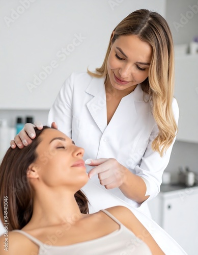 Esthetician examines a client's face in a bright salon setting before cosmetic procedure