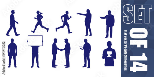 Set of professional flat vector silhouettes of people performing various actions