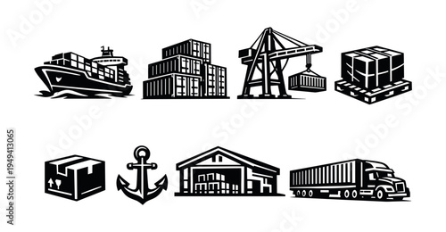 Shipping and logistics vector set with cargo ship, containers, truck, and crane in black and white silhouette