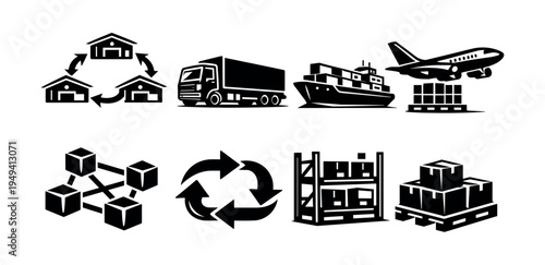 Black and white logistics and supply chain vector icons set