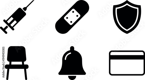 Black syringe bandage shield chair bell credit card medical and safety icons collection in vector style