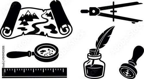 Black and white vintage style drawing compass magnifying glass ink bottle feather map and ruler set