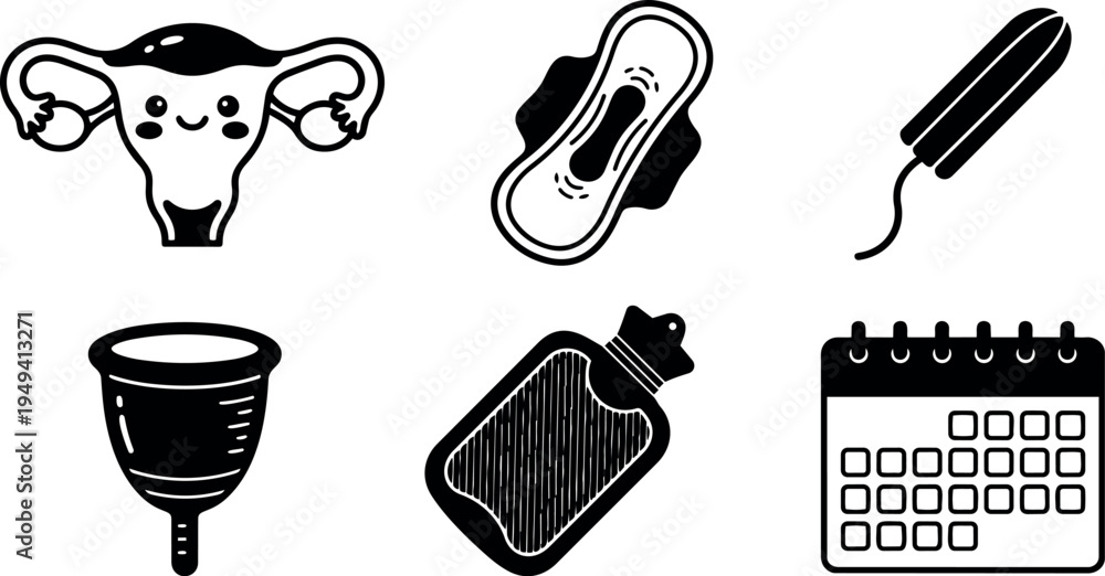 Obraz premium Cute smiling uterus with tampon sanitary pad menstrual cup hot water bottle and calendar vector icons black and white set