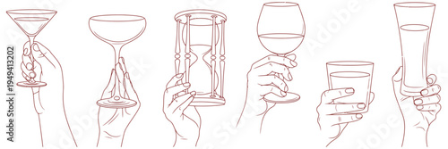 Hand Holding Cocktail and Wine Glasses Line Art Vector Set, Minimalist Red Outline Drinks Illustration for Bar, Party and Celebration Concept, Isolated on White Background Design