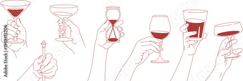 Hand Holding Cocktail and Wine Glasses Line Art Vector Set, Minimalist Red Outline Drinks Illustration for Bar, Party and Celebration Concept, Isolated on White Background Design