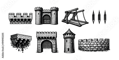 Medieval castle elements set with drawbridge turrets and walls black and white vector illustration