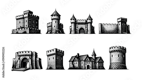 Vector illustration of medieval castles and towers in black and white silhouette style
