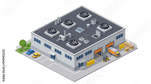 Modern Industrial Warehouse Building with Loading Docks and Delivery Trucks, Representing Logistics and Distribution Operations
