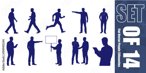 Set of professional flat vector silhouettes of people performing various actions