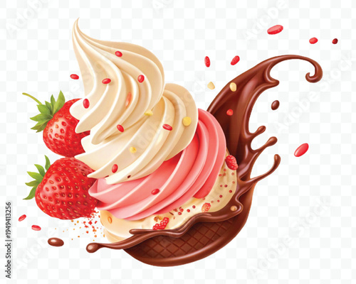 realistic swirling creamy vanilla and strawberry ice cream scoops with chocolate splash in different style isolated on transparent background