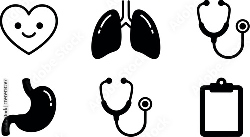 Minimalist black medical icons showing smiling heart lungs stomach stethoscope and clipboard vector art