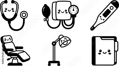 Cute black and white vector medical equipment icons with smiling faces including stethoscope blood pressure thermometer chair lamp folder