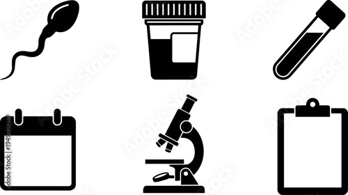 Black simple vector icons of sperm cell urine sample test tube calendar microscope and clipboard with medical theme