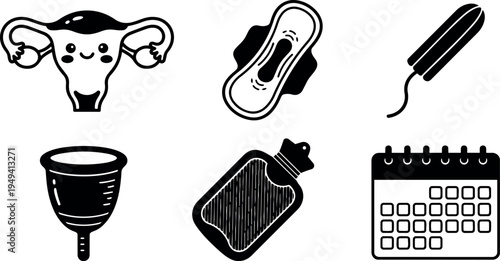 Cute smiling uterus with tampon sanitary pad menstrual cup hot water bottle and calendar vector icons black and white set
