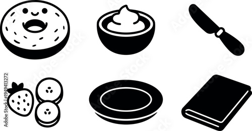 Black silhouette vector set including smiling doughnut bowl of cream spreading knife strawberry slices empty plate and closed book icons