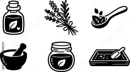 Black and white vector icons of essential oil bottle herbs bundle mortar pestle and spice tray with scoop