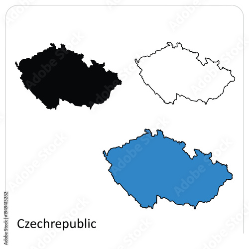 Czech republic map silhouette set with blue fill and black outline on transparent background