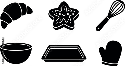 Simple black silhouette vector icons of croissant star cookie whisk bowl baking tray and oven mitt set