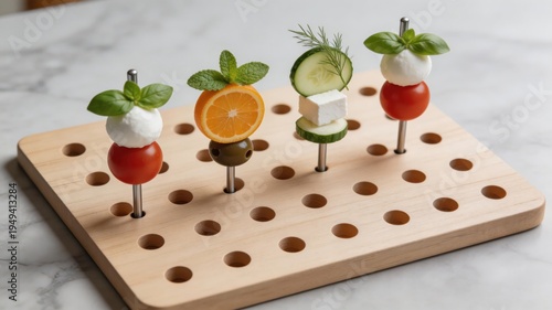 Fresh and Colorful Appetizer Skewers Featuring Cherry Tomatoes, Mozzarella, Basil, Orange Slices, Olives, and Cucumbers Presented on a Modern Wooden Board Crafting Culinary Perfection