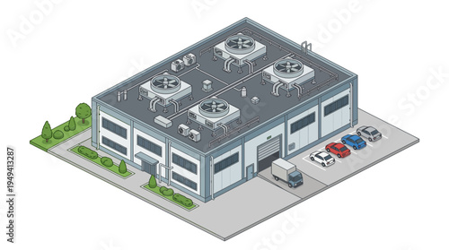 Isometric view of a modern industrial building with a loading dock, parking lot, and rooftop HVAC units