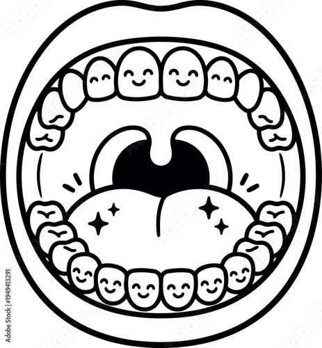 Black and white line art vector of open mouth with smiling cartoon teeth and tongue inside simple dental happiness design