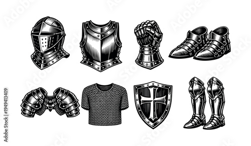 Vector illustration of medieval armor set including helmet, breastplate, gauntlet, greaves, boots, and shield