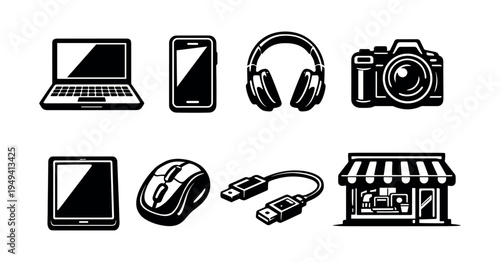 Black and white vector icons of electronic devices and gadgets, silhouette style set