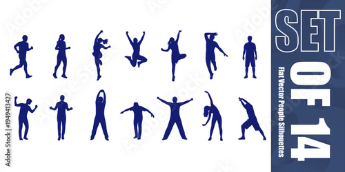 Set of professional flat vector silhouettes of people performing various actions