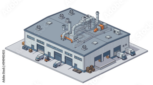 Isometric Illustration of an Industrial Warehouse with Loading Docks and Forklifts
