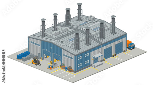 Isometric industrial warehouse building with loading dock, forklifts, and delivery truck, representing logistics and manufacturing