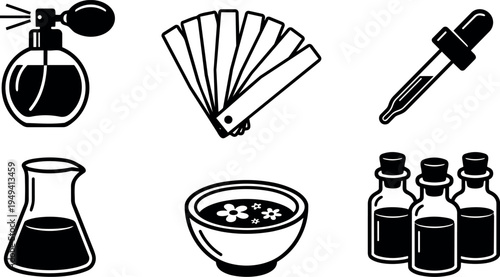 Minimalist black and white vector icons set of perfume bottle spray color palette dropper flask bowl with flowers bottles