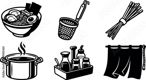 Black and white vector icons of ramen bowl strainer dry noodles cooking pot condiment set and kitchen curtain set isolated