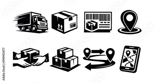 Vector silhouette set of delivery icons featuring truck box and gps elements