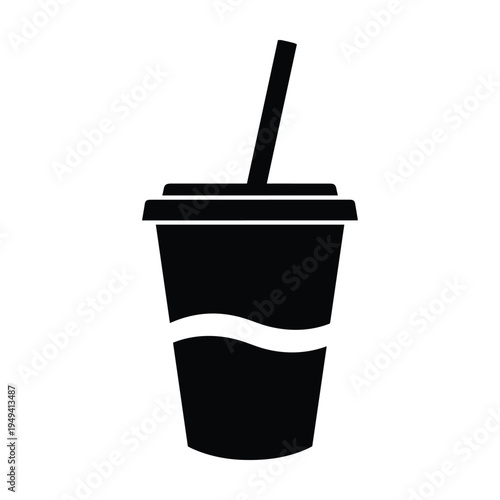 Black icon of a disposable cup with a lid and straw on a white background