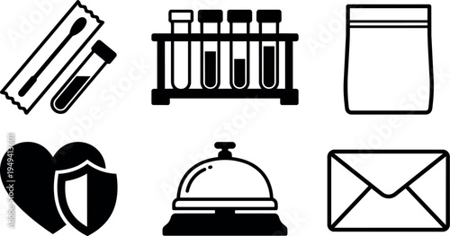Black and white medical and communication icon set including testing swab tube test tubes heart shield bell and envelope