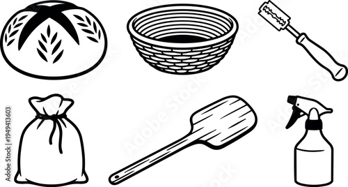 Black and white line art set of bread loaf woven basket dough scraper flour sack and spray bottle baking tools in flat design style