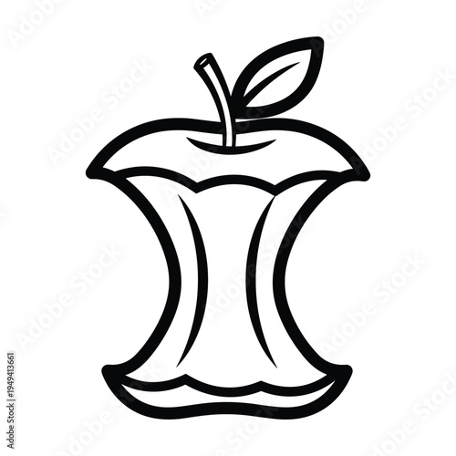 Minimalist Apple Core Icon - Black and White Outline Vector Art