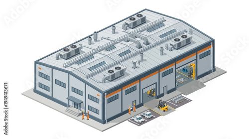 Isometric Industrial Warehouse Building with Loading Docks and Forklift