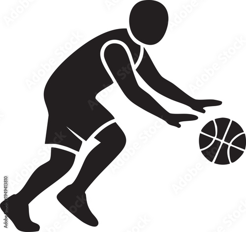 A silhouette of a basketball player in motion dribbling a ball with focus and athleticism on a white background