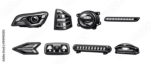 Vector set of car light illustrations, black and white automotive lamp designs