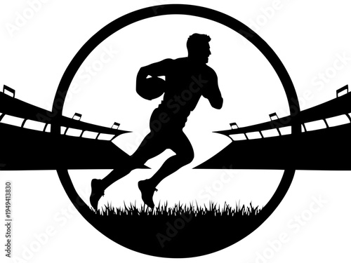 Ein Rugbyspieler rennt mit dem Ball in einer dynamischen Bewegung nach vorne. Das Motiv zeigt die physische Energie des Sports. KI Generiert