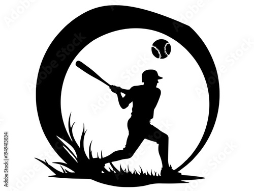 Ein Baseballspieler holt zum Schlag aus, während der Ball in einer Flugkurve dargestellt ist. Die Szene vermittelt Bewegung und typische Spielsituation.KI Generiert