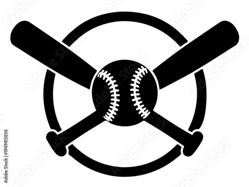 Gekreuzte Baseballschläger mit einem Ball in der Mitte bilden ein klassisches Emblem. Das Motiv erinnert an traditionelle Baseball-Logos oder Vereinsabzeichen.KI Generiert