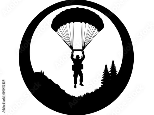 Ein Fallschirmspringer schwebt unter einem geöffneten Fallschirm vor einem runden Himmelshintergrund. Das Motiv vermittelt Freiheit und Abenteuer.KI Generiert