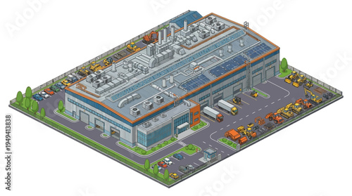 Isometric illustration of an industrial warehouse facility with solar panels and surrounding vehicles