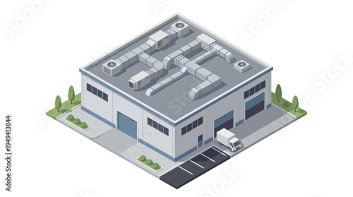 Modern industrial building with HVAC systems and loading dock, isometric view