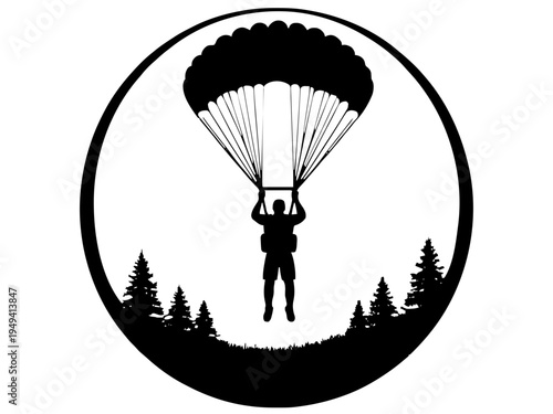 Ein Fallschirmspringer schwebt unter einem geöffneten Fallschirm vor einem runden Himmelshintergrund. Das Motiv vermittelt Freiheit und Abenteuer.KI Generiert